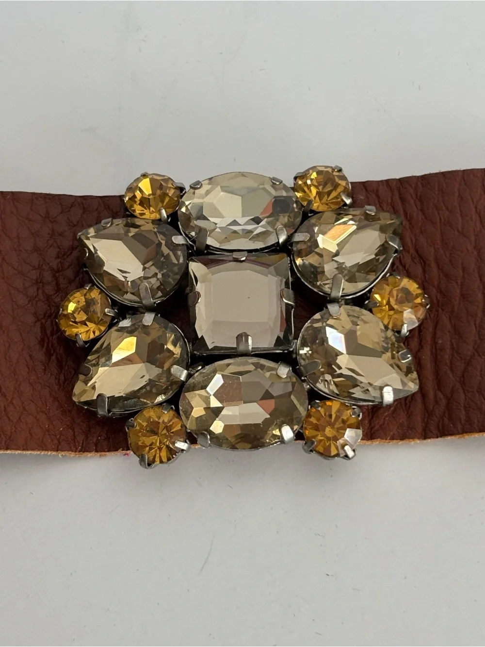 Statement Rhinestone Leather Cuff Bracelet Champagne Crystal Wide Cuff